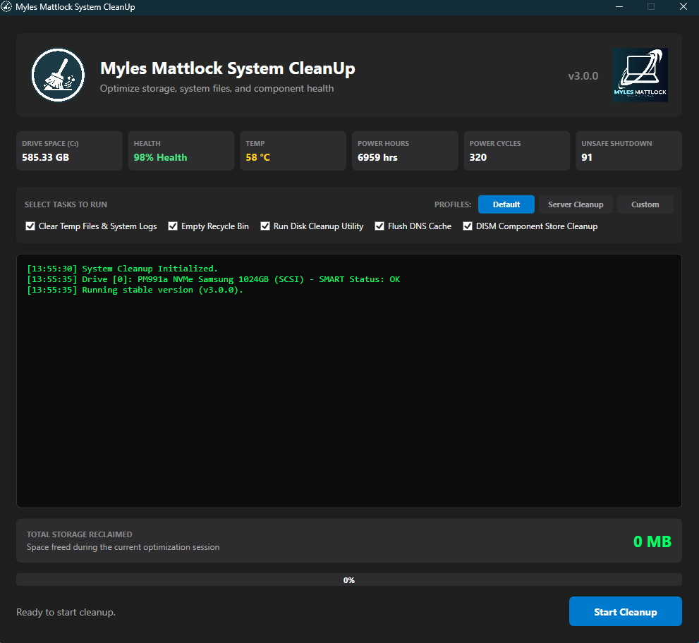 Myles Mattlock System CleanUp v3.0.0 running on Windows 11